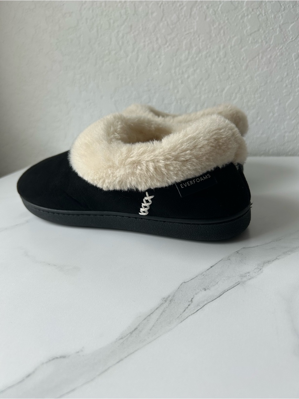 Women's Black Faux-Suede Slip-On Slippers with Cream Faux-Fur Collar - Picture 2 of 7